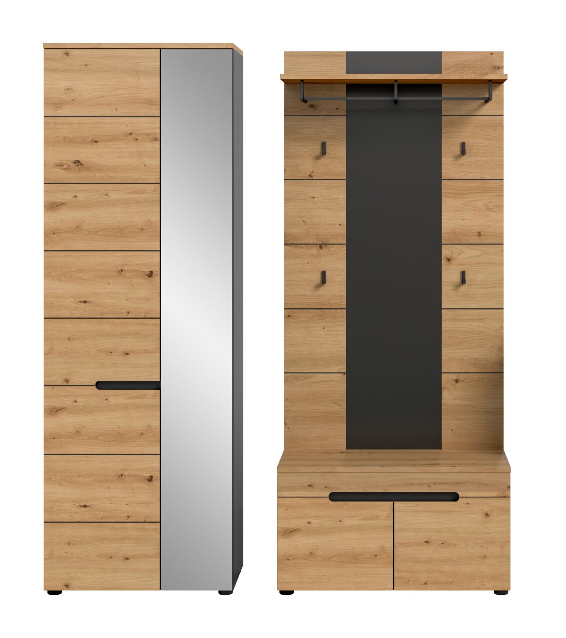 Garderobenmöbel-Set in Eiche-Optik mit schwarzer Rückwand: links hoher Schrank mit Spiegel-Front, rechts Garderobenpaneel mit Hutablage, Kleiderstange und Haken sowie Sitzbank mit Stauraum; Ansicht von vorn.