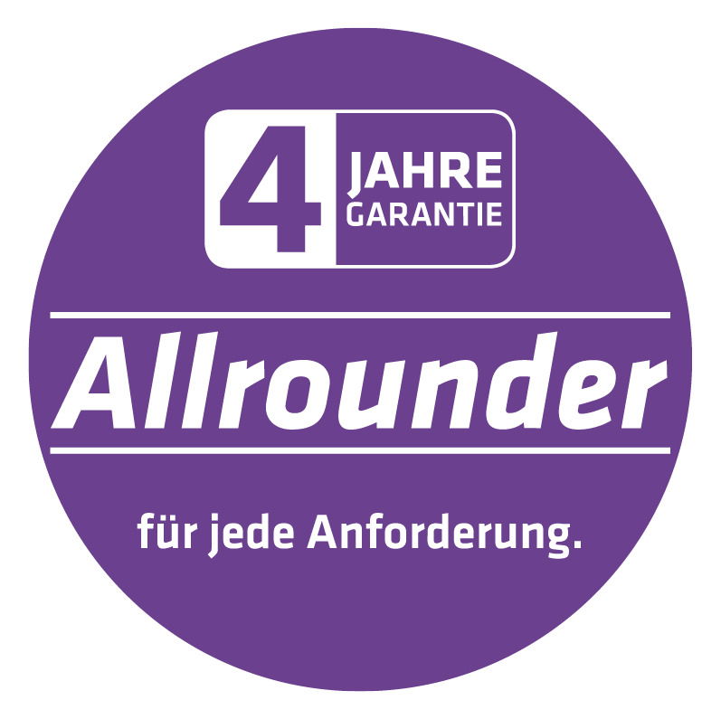Lila Aufkleber mit der Aufschrift '4 Jahre Garantie Allrounder für jede Anforderung' in Vorderansicht.