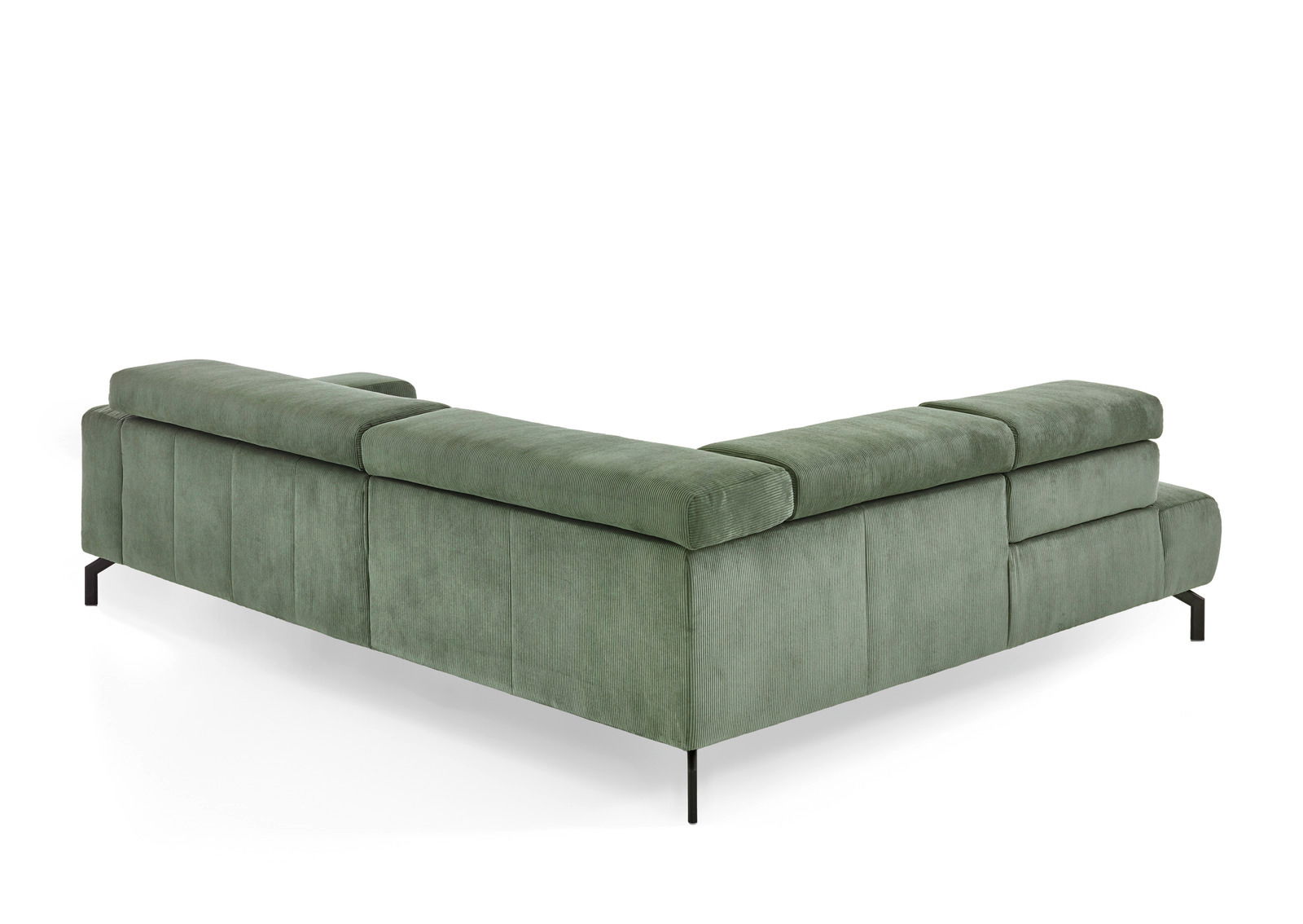 Grüne Eckgarnitur aus Samtstoff, Rückansicht mit schwarzen Metallfüßen