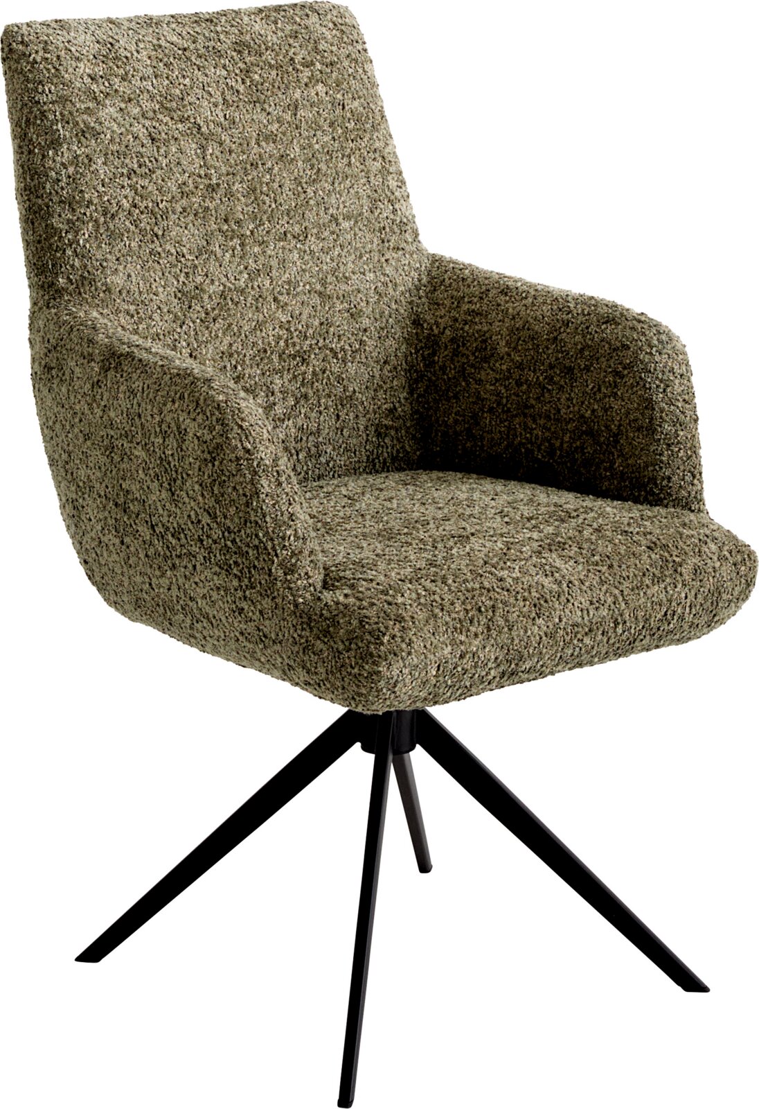 Koinor Fauteuil ASCOLIO Beiger Bouclé-Polsterstuhl mit Armlehnen und schwarzem Metall-Drehkreuzfuß, freigestellt auf weißem Hintergrund, in schräger Frontansicht von links