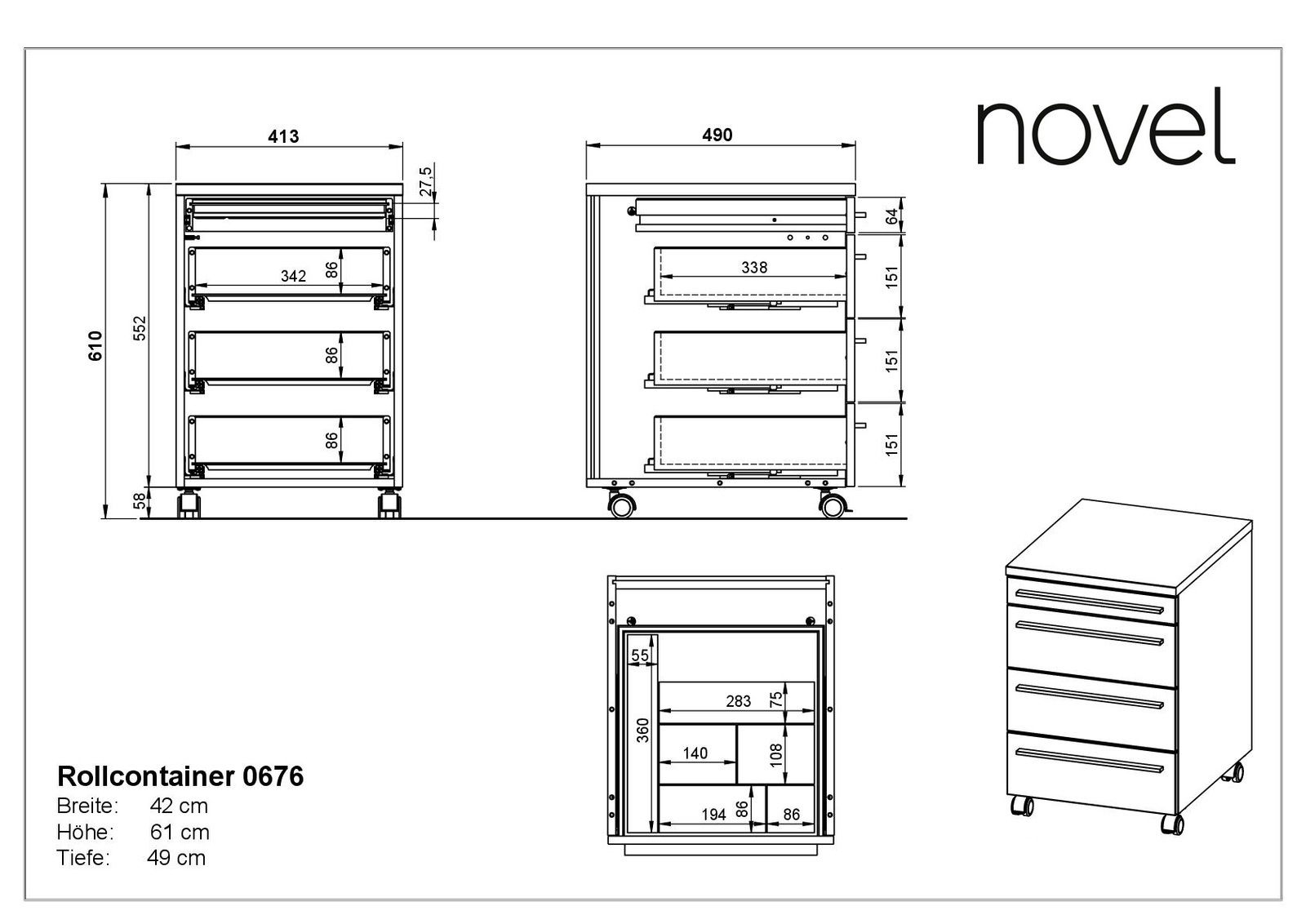 Rollcontainer mit drei Schubladen, auf Rollen, in der Farbe Weiß, aus der Perspektive von vorne und seitlich gezeigt.