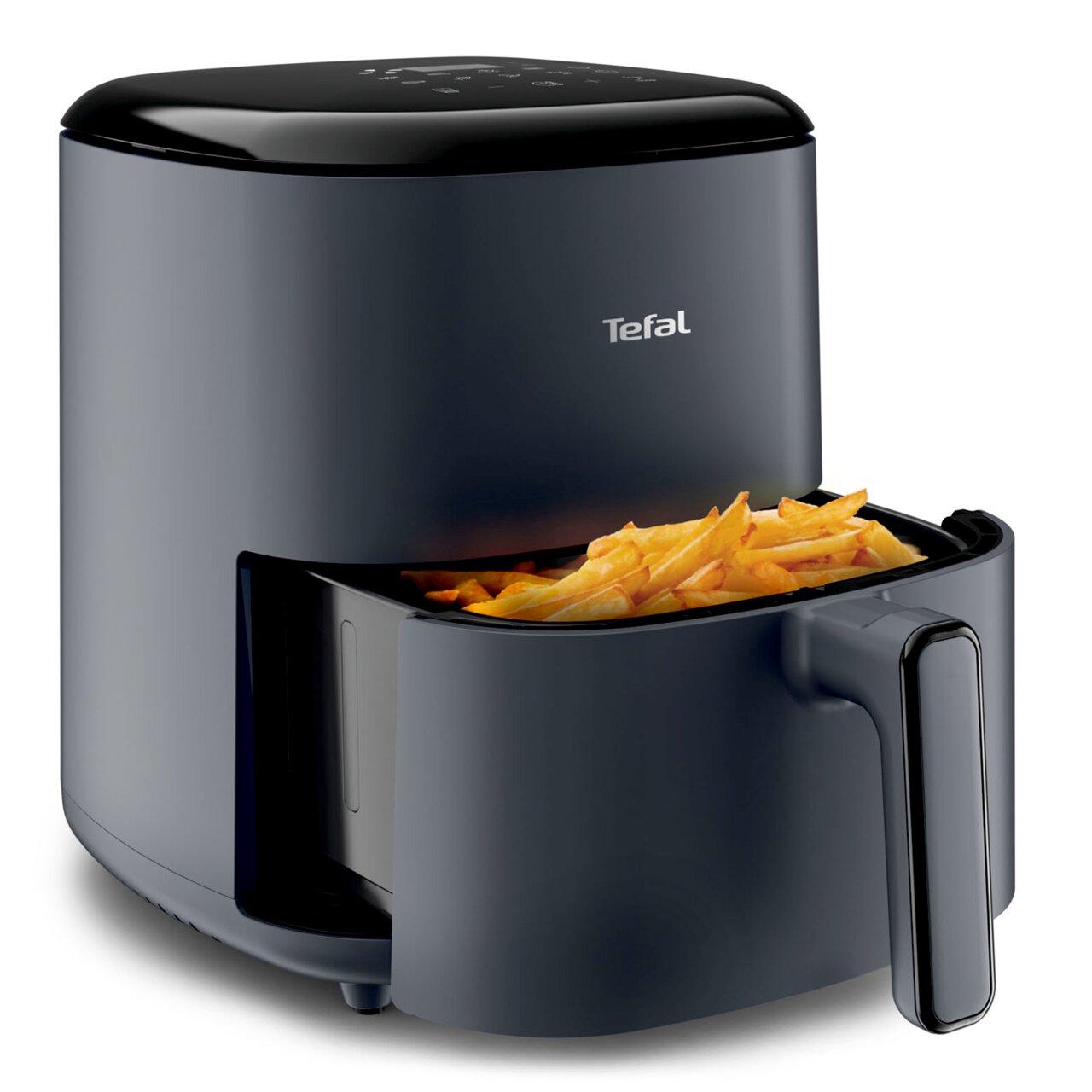 Heißluftfritteuse Tefal Easy Fry Max mit geöffnetem Korb voller Pommes Frites, seitliche Perspektive