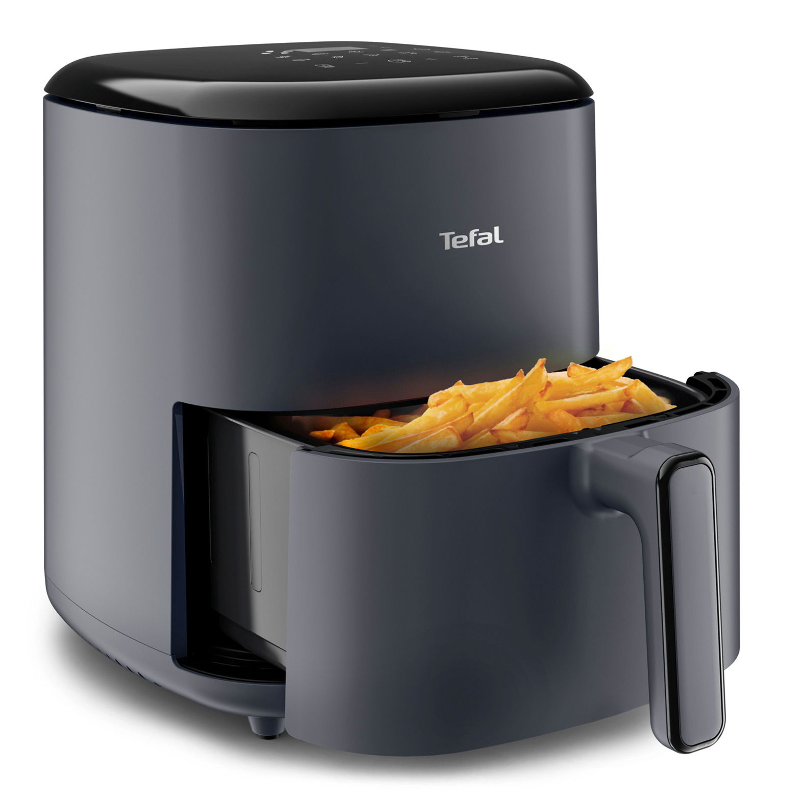 Heißluftfritteuse Tefal Easy Fry Max mit geöffnetem Korb voller Pommes Frites, seitliche Perspektive