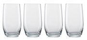 Vier transparente Bierbecher in einer geraden Frontansicht.