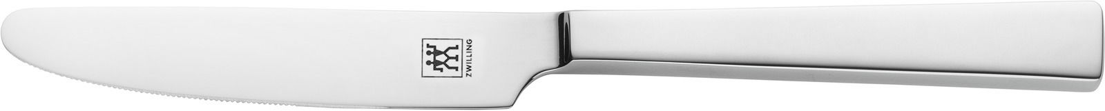 Poliertes Edelstahlmesser aus der Seitenansicht mit markantem Logo auf der Klinge.