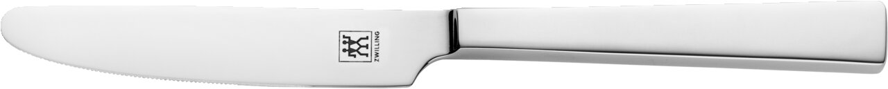 Poliertes Edelstahlmesser aus der Seitenansicht mit markantem Logo auf der Klinge.