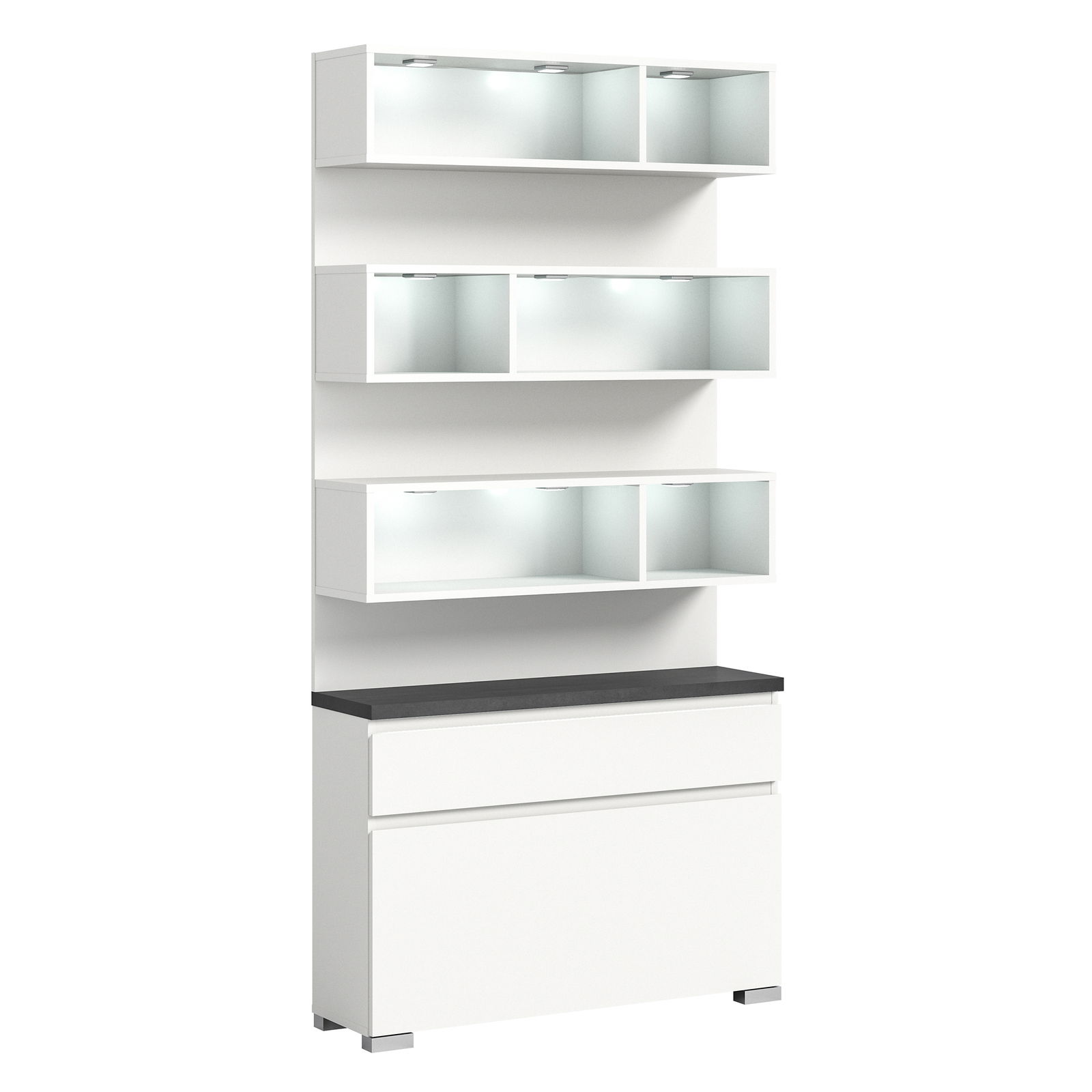 Moderner weißer Schuhschrank mit mehreren offenen Fächern und Schubladen, seitliche Perspektive