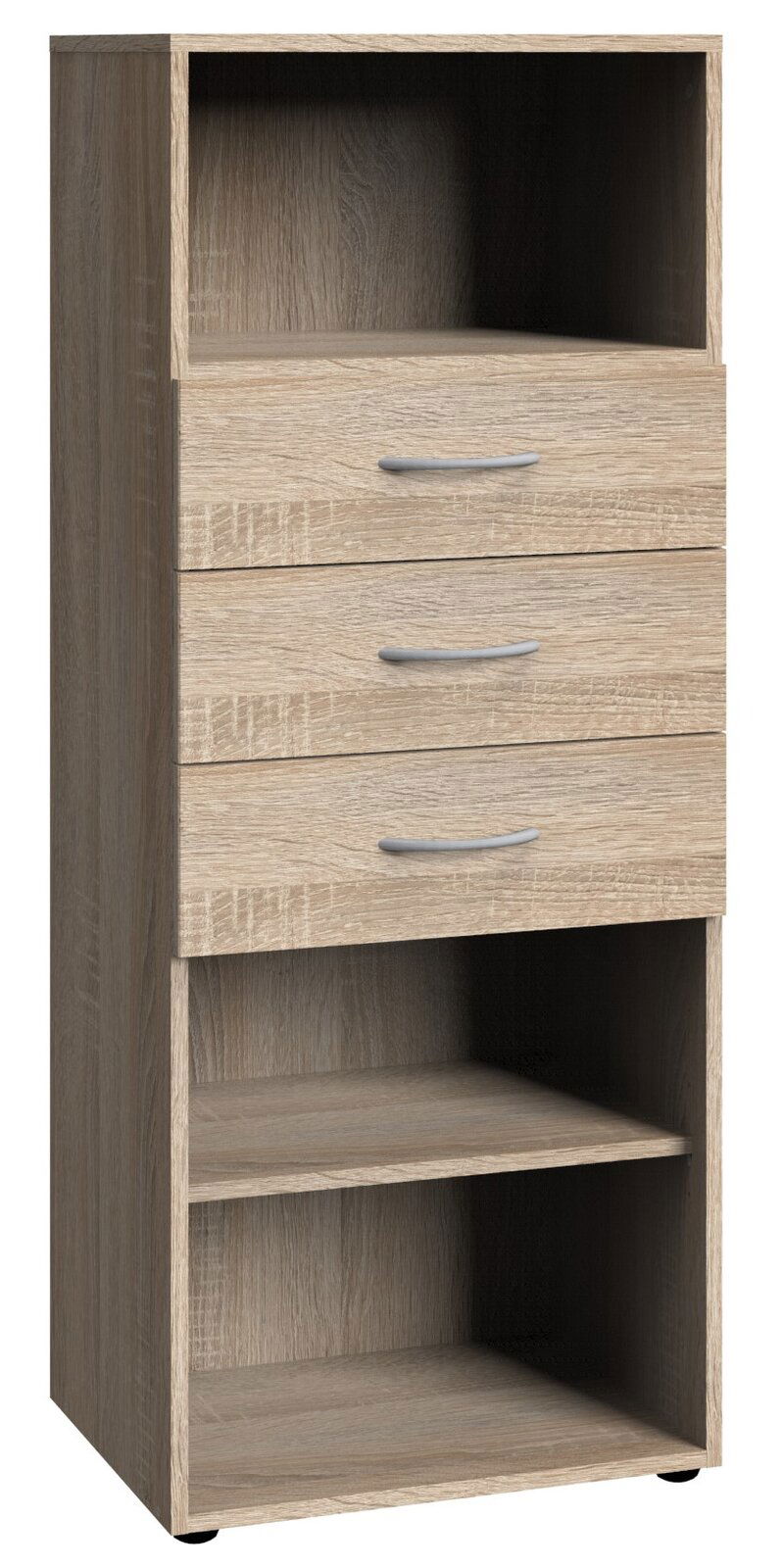 Holzregal mit drei Schubladen und zwei offenen Fächern, frontale Ansicht