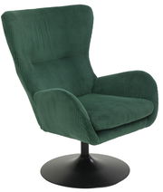 Grüner Sessel mit geripptem Stoffbezug und schwarzem Drehteller, seitliche Perspektive