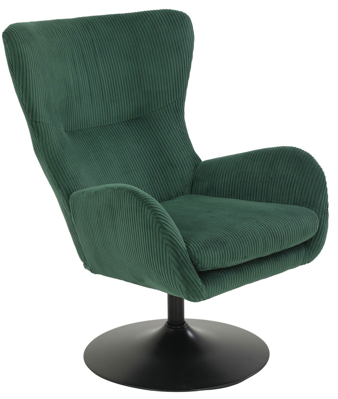 Grüner Sessel mit geripptem Stoffbezug und schwarzem Drehteller, seitliche Perspektive