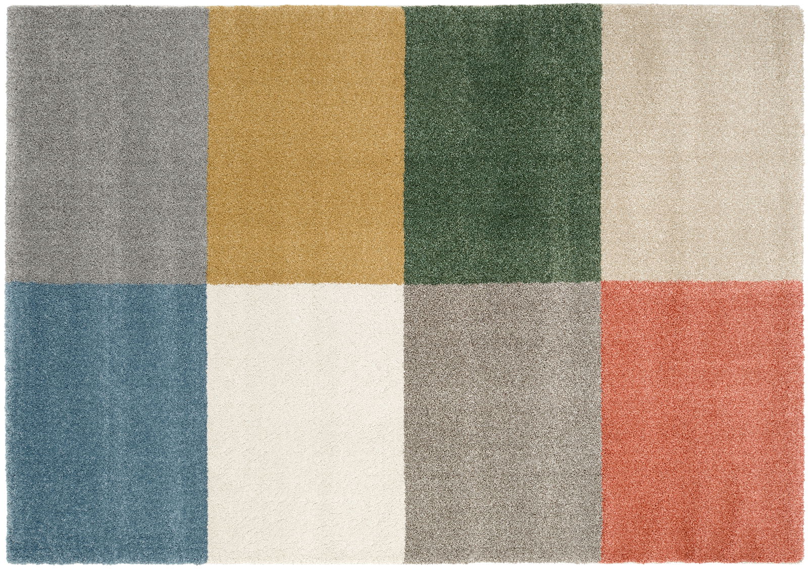 Vogelperspektive auf einen rechteckigen Uni-Teppich mit sechs farbigen Quadraten in Grau, Gelb, Grün, Beige, Blau und Rot.