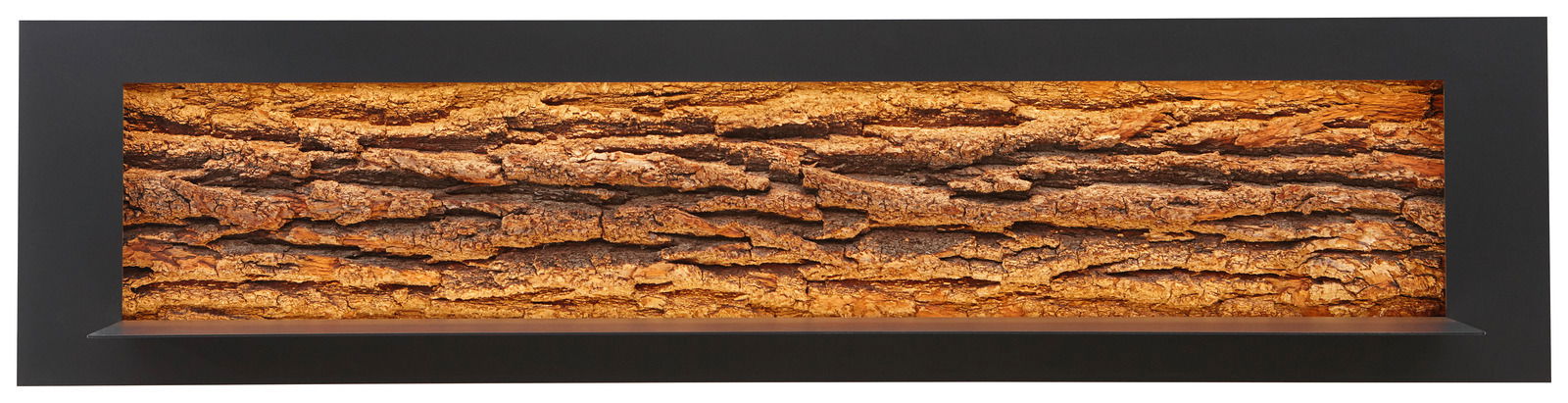 Wandpaneel mit natürlicher Holzrindenoptik, frontal betrachtet, mit integrierter Beleuchtung.