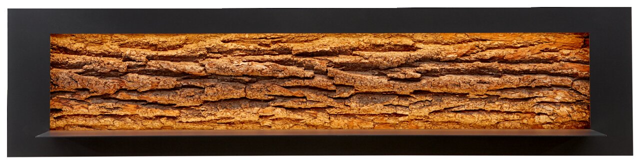Wandpaneel mit natürlicher Holzrindenoptik, frontal betrachtet, mit integrierter Beleuchtung.
