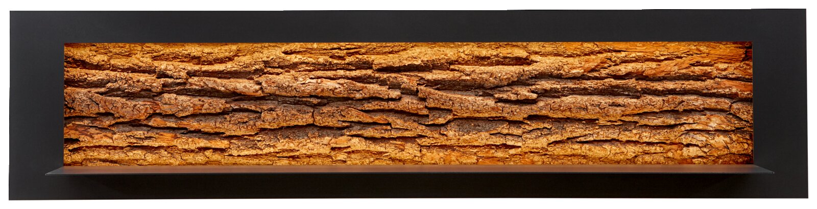 Wandpaneel mit natürlicher Holzrindenoptik, frontal betrachtet, mit integrierter Beleuchtung.