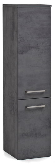 Grauer Midischrank mit zwei Türen und modernen Griffen, seitliche Perspektive