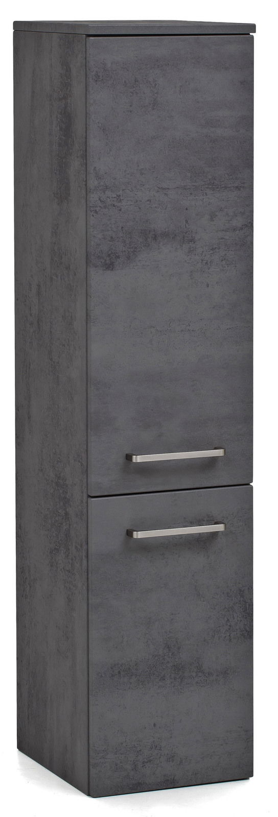 Grauer Midischrank mit zwei Türen und modernen Griffen, seitliche Perspektive