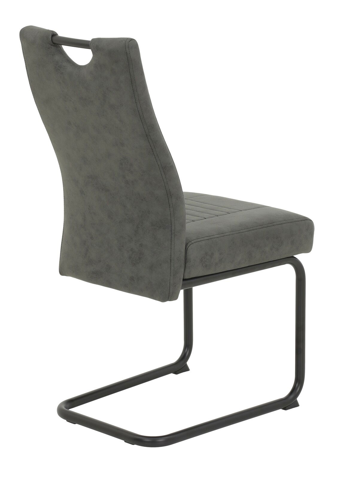 Rückansicht eines grauen Schwingstuhls mit Metallgestell und gepolsterter Rückenlehne.