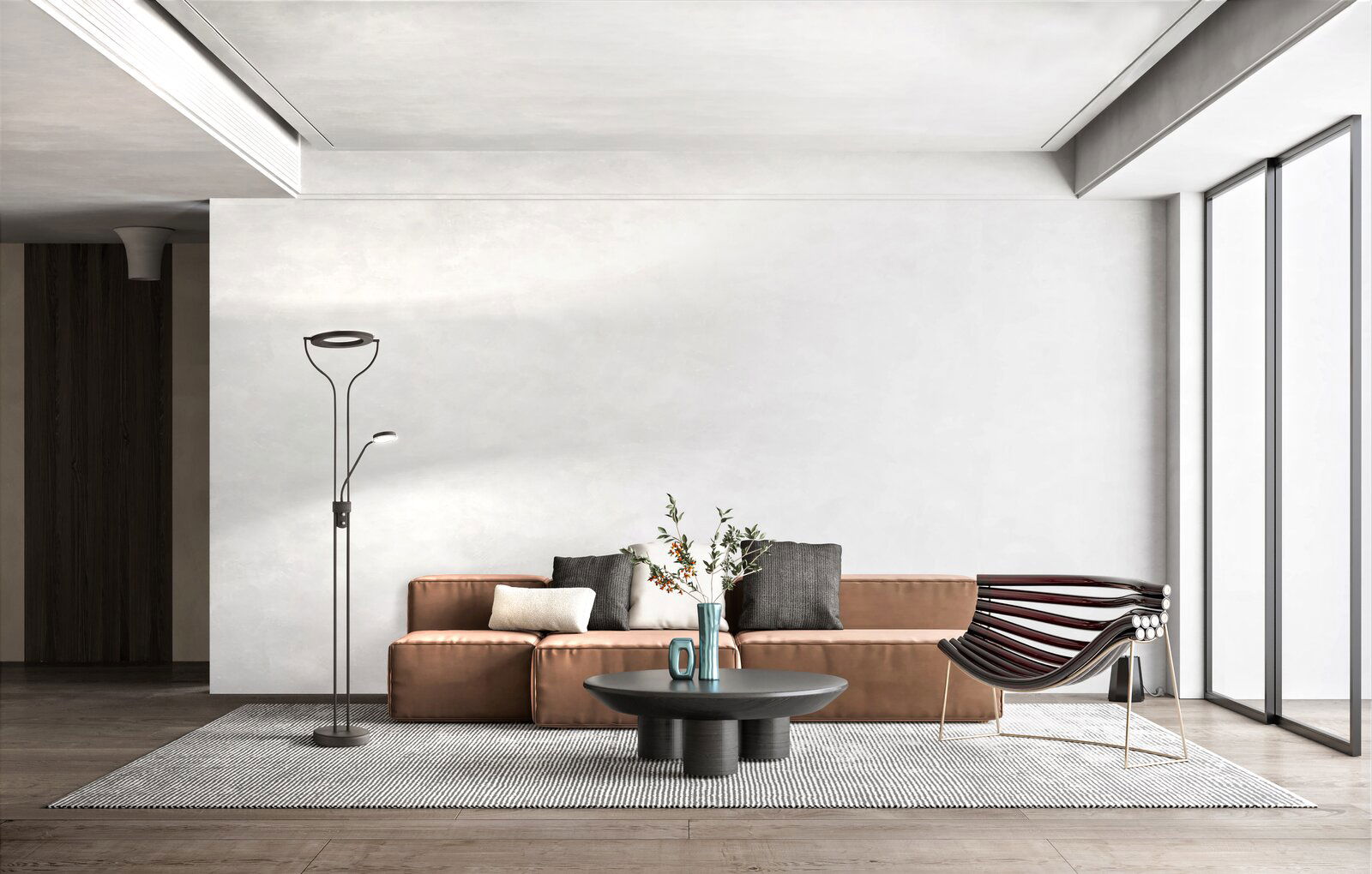 Moderne Stehleuchte Davos in einem stilvollen Wohnzimmer, seitliche Perspektive.