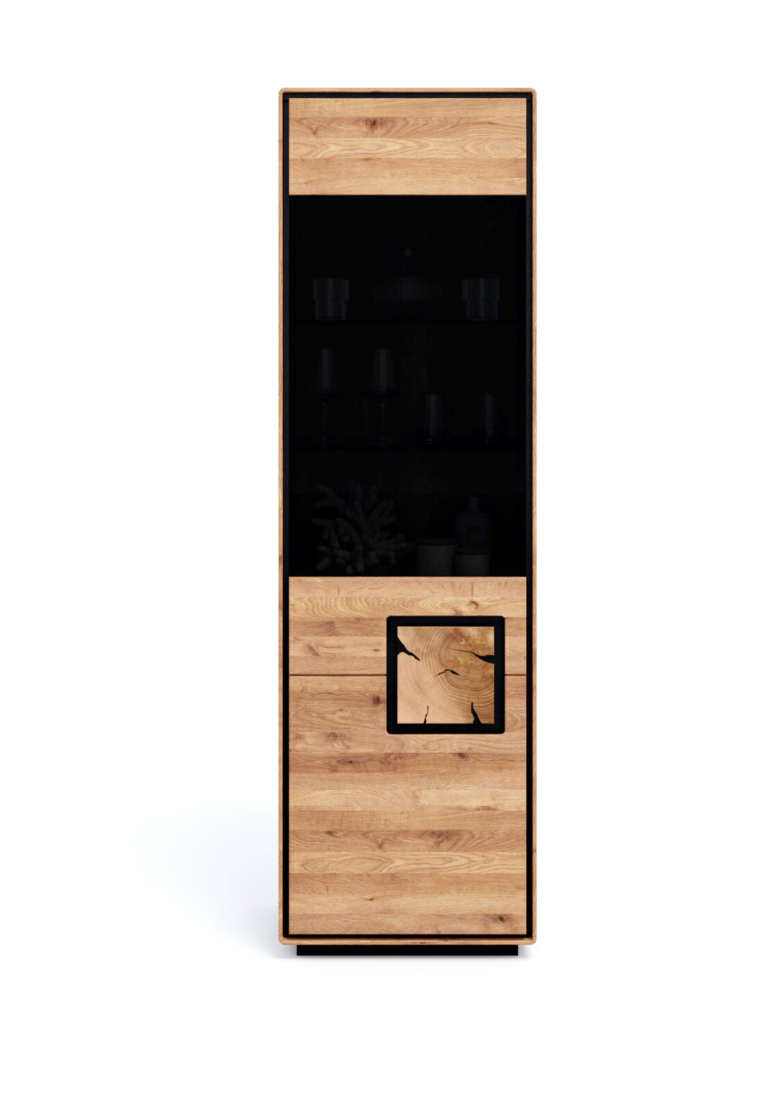 Hohe Vitrine aus Holz in Eichenoptik mit schwarzer Glasfront und quadratischem Akzent, Frontalansicht