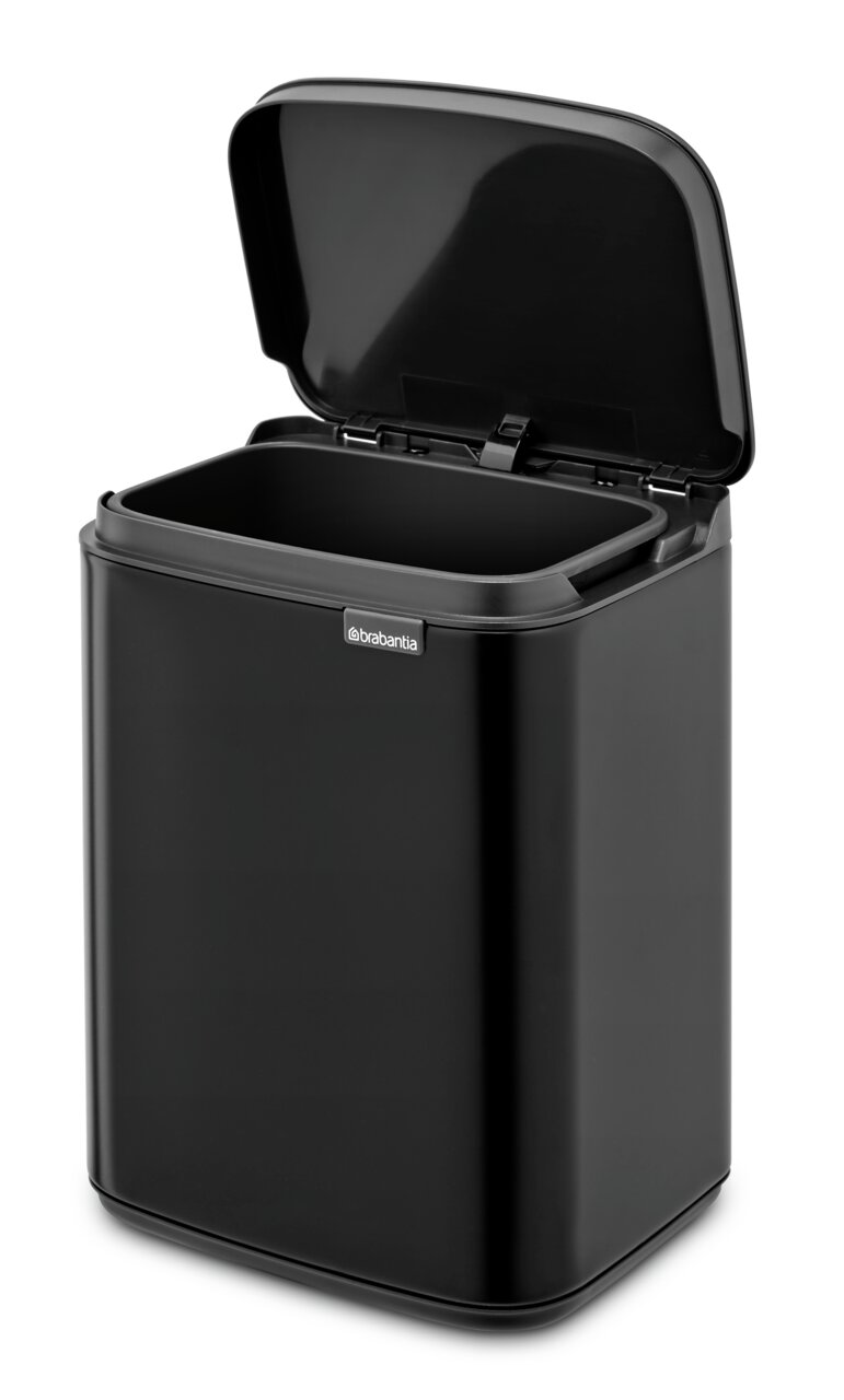 Schwarzer Abfalleimer Bo 4L mit geöffnetem Deckel, seitliche Perspektive