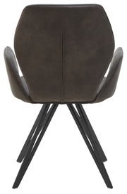 Rückansicht eines Armlehnenstuhls mit schwarzem Metallgestell und dunkelbrauner Polsterung.