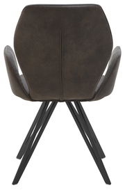 Rückansicht eines Armlehnenstuhls mit schwarzem Metallgestell und dunkelbrauner Polsterung.