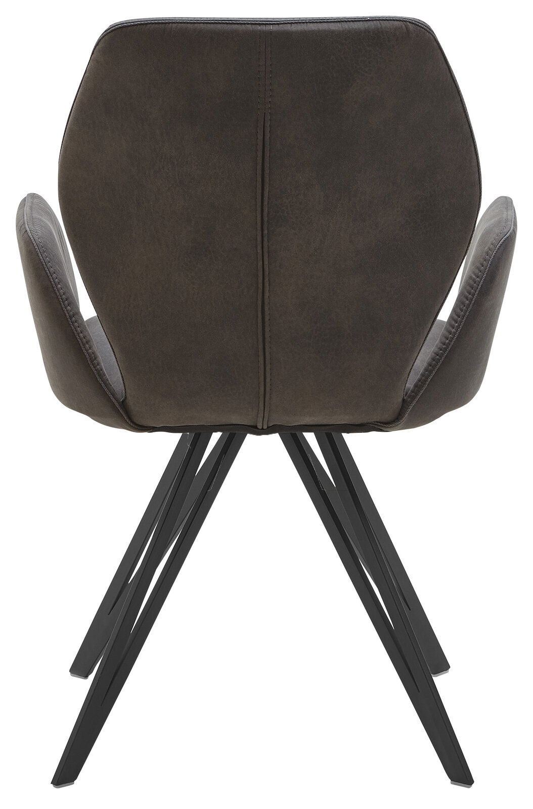 Rückansicht eines Armlehnenstuhls mit schwarzem Metallgestell und dunkelbrauner Polsterung.