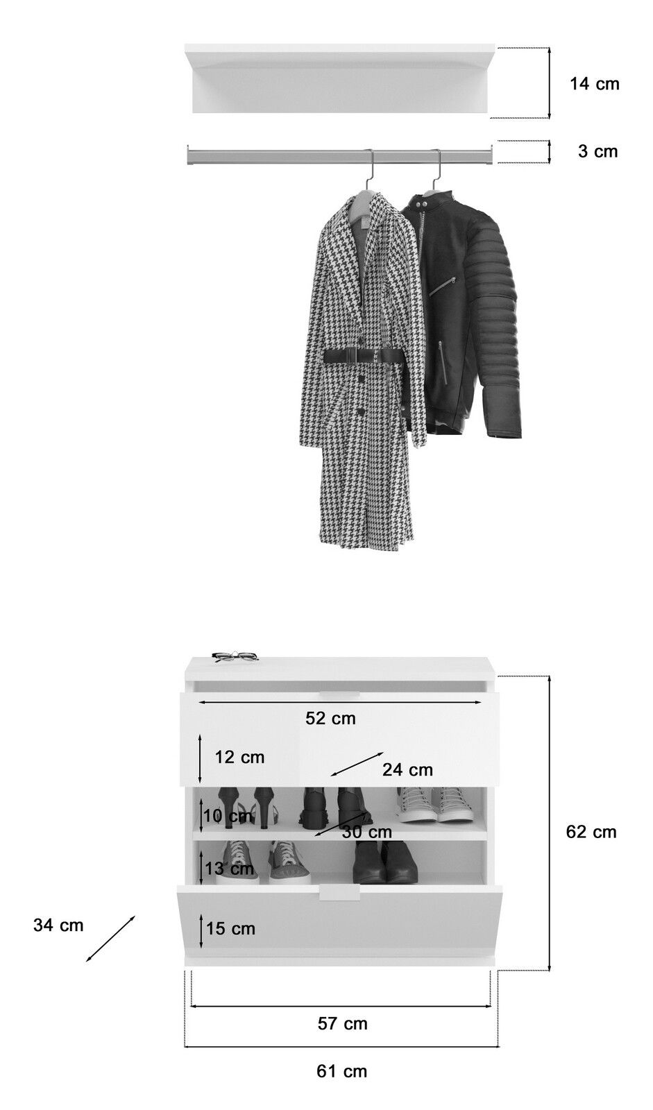 Garderobenkombination in Frontalansicht mit Kleiderstange, zwei hängenden Kleidungsstücken und Schuhregal mit mehreren Fächern.