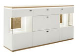 Modernes Sideboard in Weiß mit Holzdetails und Glasakzenten, seitliche Perspektive