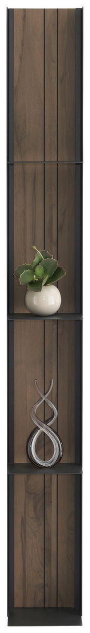 Metallregal mit Holzrückwand, frontal betrachtet, mit dekorativer Vase und Skulptur.