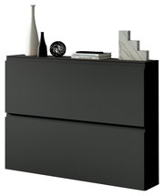 Moderner Hängeschuhschrank in dunklem Design mit Dekorationen auf der Oberseite, seitliche Perspektive