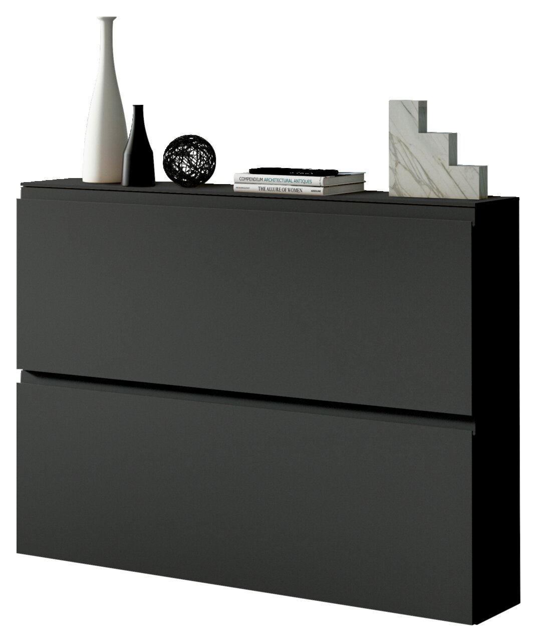 Moderner Hängeschuhschrank in dunklem Design mit Dekorationen auf der Oberseite, seitliche Perspektive