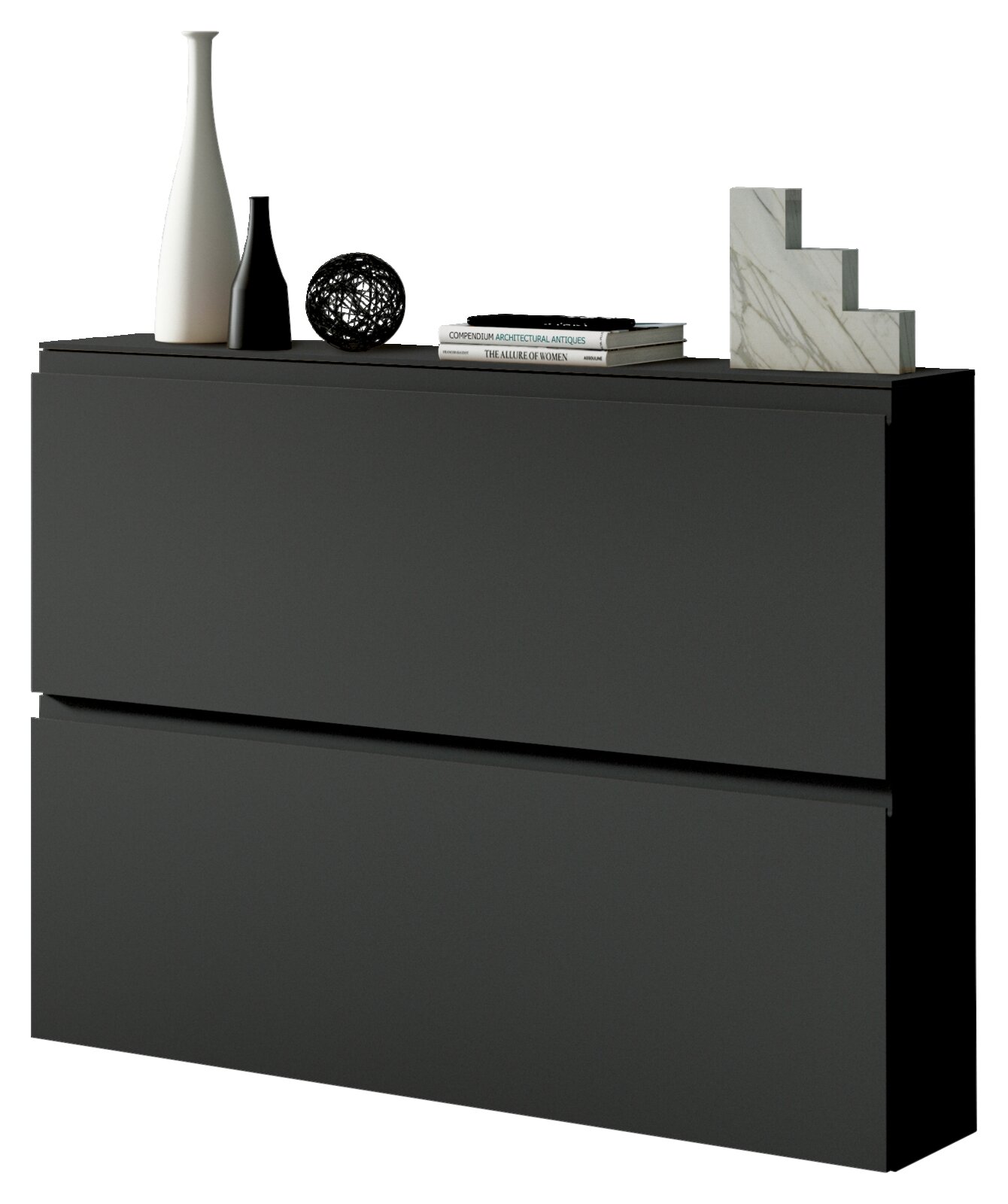 Moderner Hängeschuhschrank in dunklem Design mit Dekorationen auf der Oberseite, seitliche Perspektive