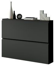 Moderner Hängeschuhschrank in dunklem Design mit Dekorationen auf der Oberseite, seitliche Perspektive