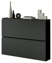 Moderner Hängeschuhschrank in dunklem Design mit Dekorationen auf der Oberseite, seitliche Perspektive
