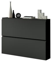 Moderner Hängeschuhschrank in dunklem Design mit Dekorationen auf der Oberseite, seitliche Perspektive