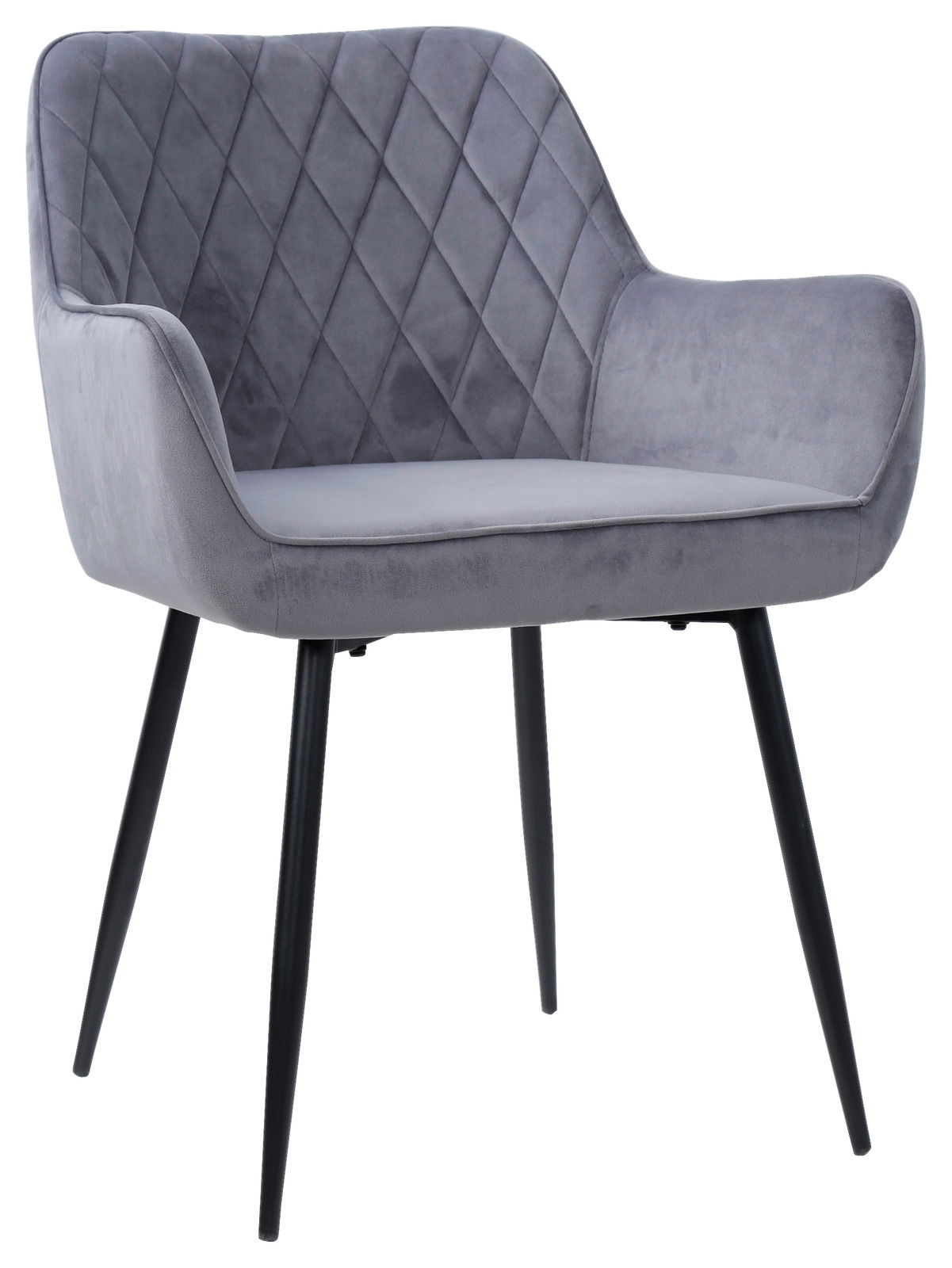 Osca Armlehnstuhl NICOLAS Grauer Armlehnstuhl mit gesteppter Rückenlehne und schwarzen Metallbeinen, seitliche Perspektive