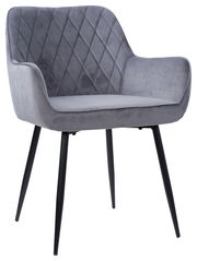 Grauer Armlehnstuhl mit gesteppter Rückenlehne und schwarzen Metallbeinen, seitliche Perspektive