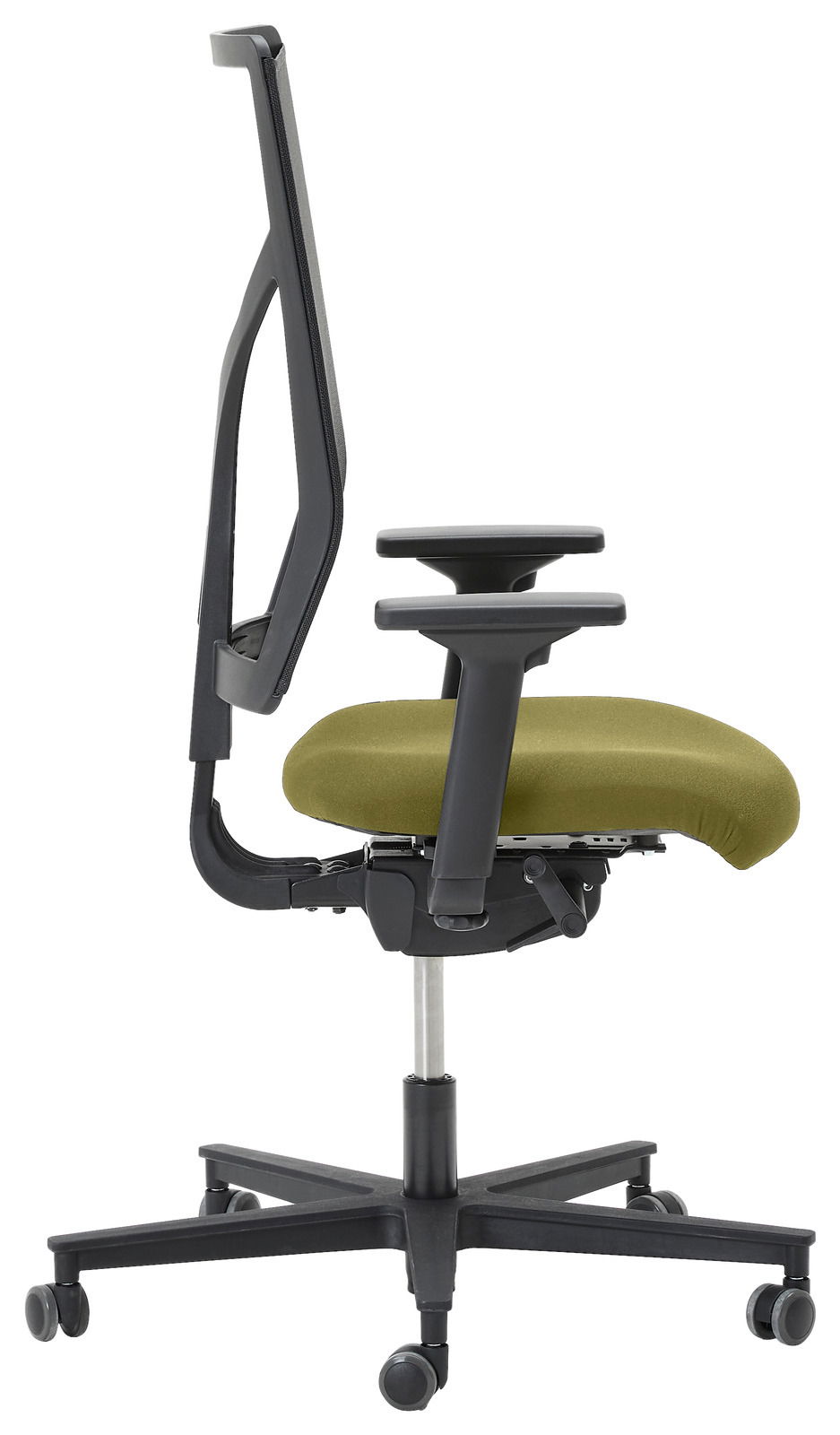 Moderner Drehstuhl mit grünem Sitzpolster, Seitenansicht
