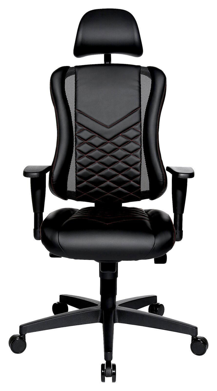 Schwarzer Gaming-Stuhl mit ergonomischem Design, Kopfstütze und Armlehnen, Vorderansicht