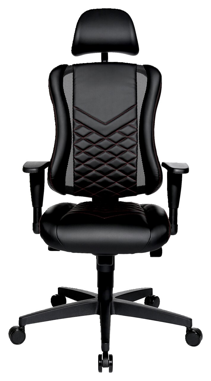 Schwarzer Gaming-Stuhl mit ergonomischem Design, Kopfstütze und Armlehnen, Vorderansicht