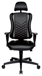 Schwarzer Gaming-Stuhl mit ergonomischem Design, Kopfstütze und Armlehnen, Vorderansicht