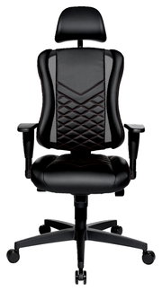 Schwarzer Gaming-Stuhl mit ergonomischem Design, Kopfstütze und Armlehnen, Vorderansicht