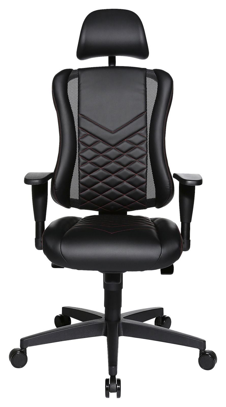 Schwarzer Gaming-Stuhl mit ergonomischem Design, Kopfstütze und Armlehnen, Vorderansicht