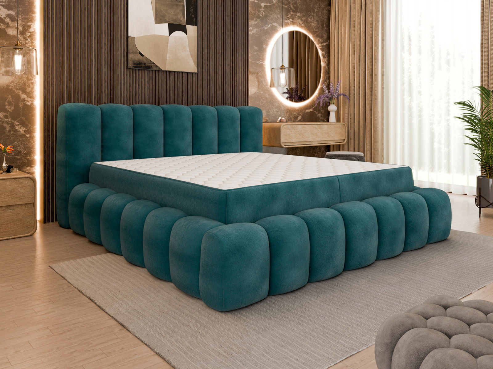 Modernes Polsterbett in Türkis mit gepolstertem Kopfteil und abgerundeten Kanten, seitliche Perspektive im stilvoll eingerichteten Schlafzimmer.