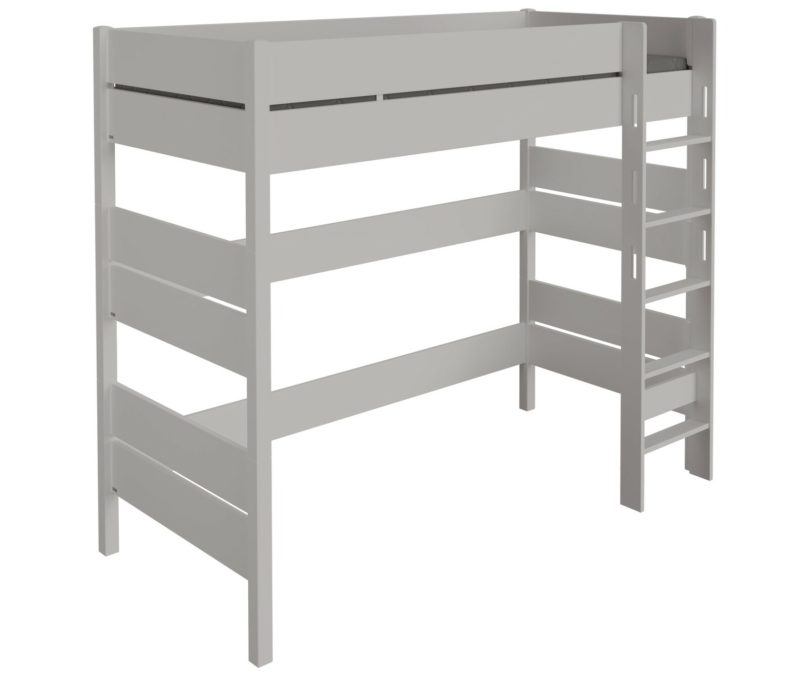 Weißes Hochbett mit Leiter, seitliche Perspektive