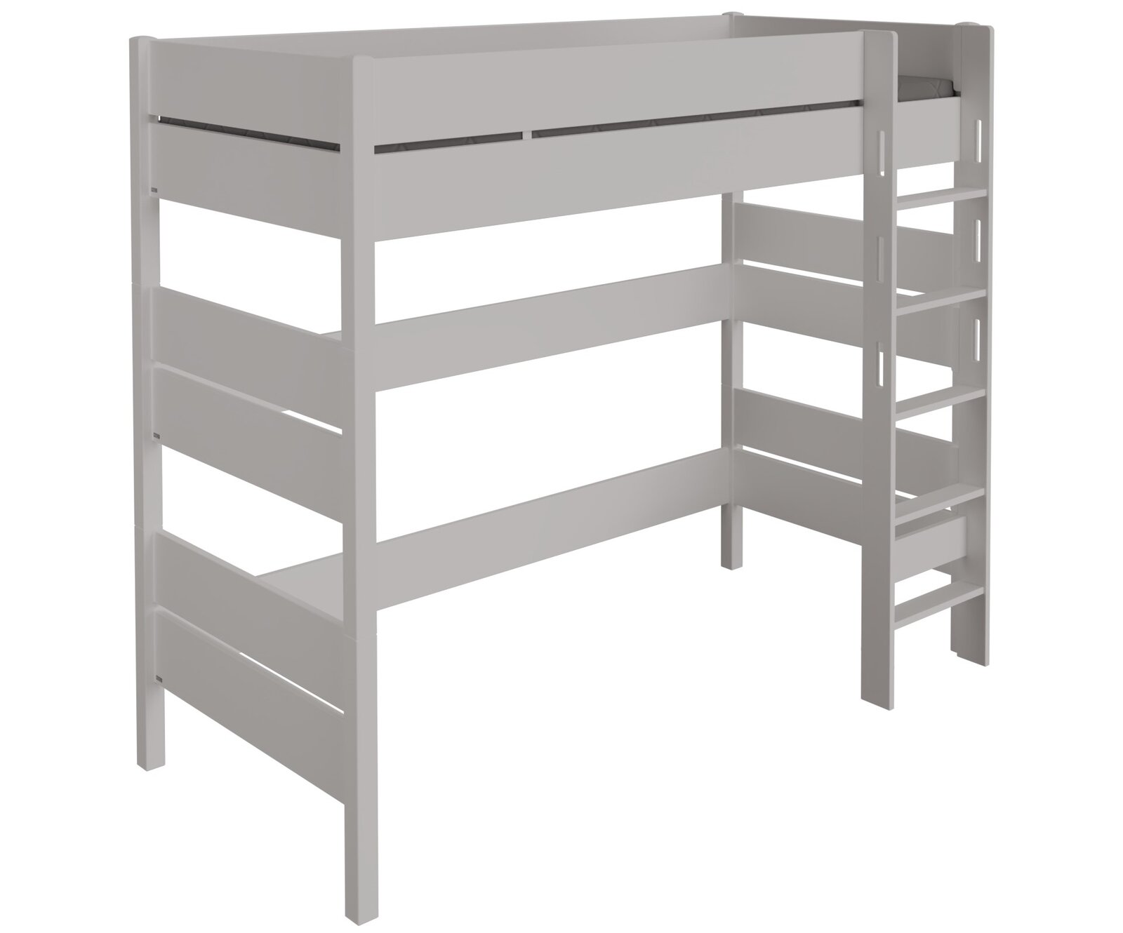 Weißes Hochbett mit Leiter, seitliche Perspektive