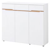 Moderner, weißer XL-Schuhschrank mit drei Türen und Holzdetails, Frontalansicht.