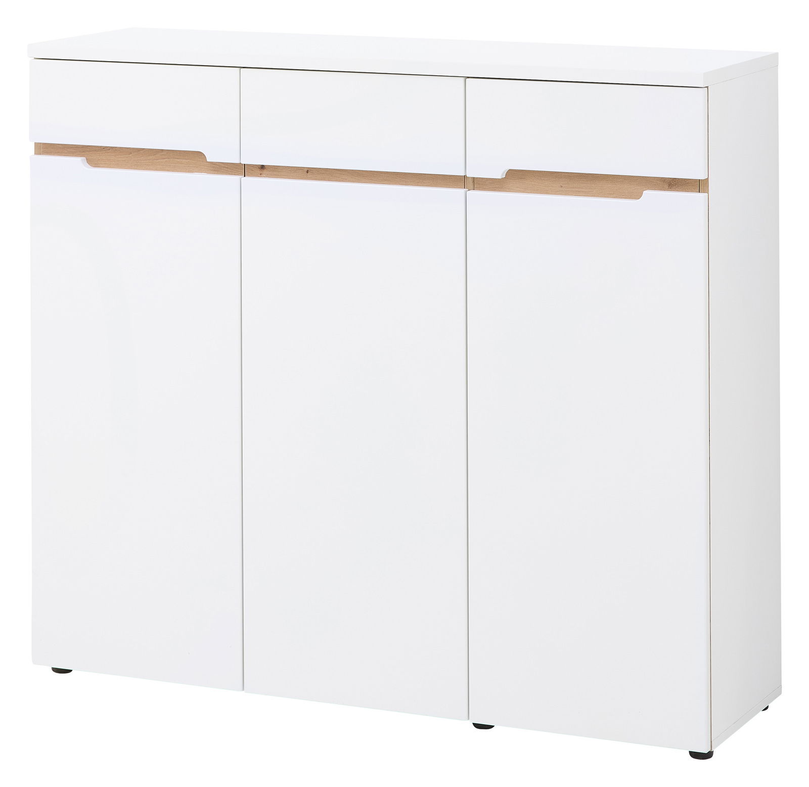 XORA XL-Schuhschrank breit MEMPHIS Moderner, weißer XL-Schuhschrank mit drei Türen und Holzdetails, Frontalansicht.