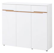 Moderner, weißer XL-Schuhschrank mit drei Türen und Holzdetails, Frontalansicht.